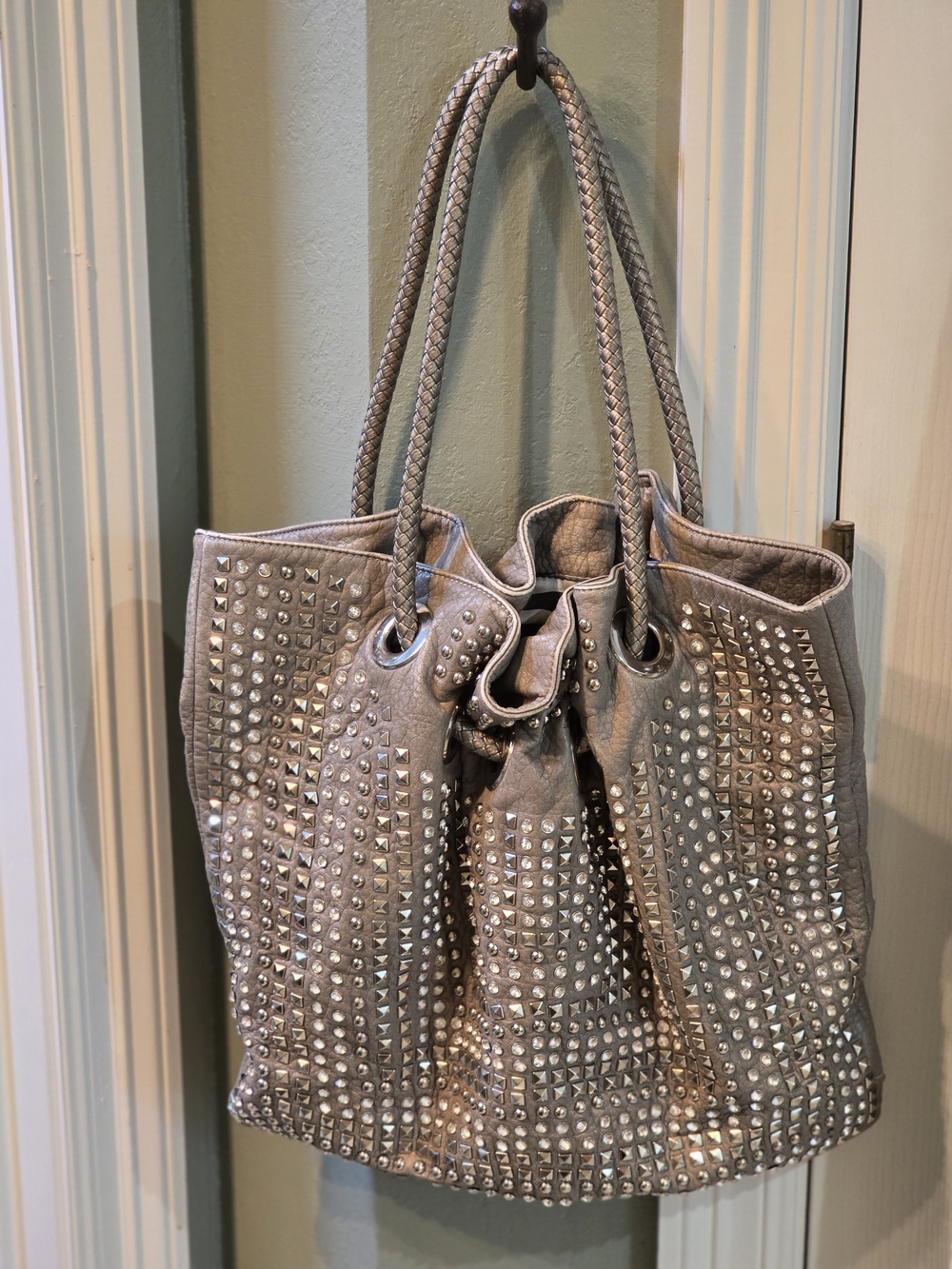 Rinestone Studded Silver Boutique Handbag with Braided Handles Vegan Leather